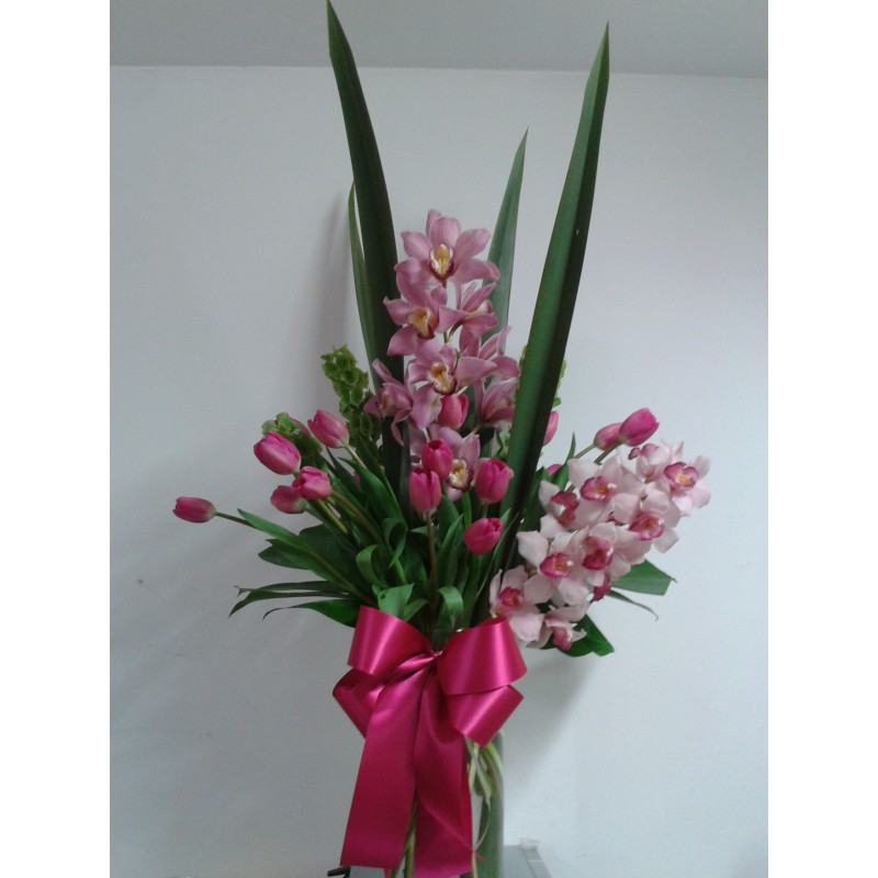 Cymbidium con tulipanes rosas